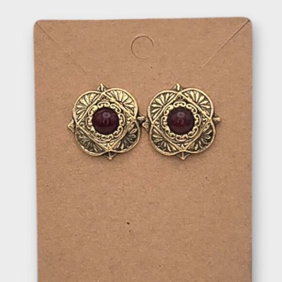 Red Burgundy Gold Victorian Style Vintage Earrings – 1928 Brand Jewelry - Picture 3 of 8